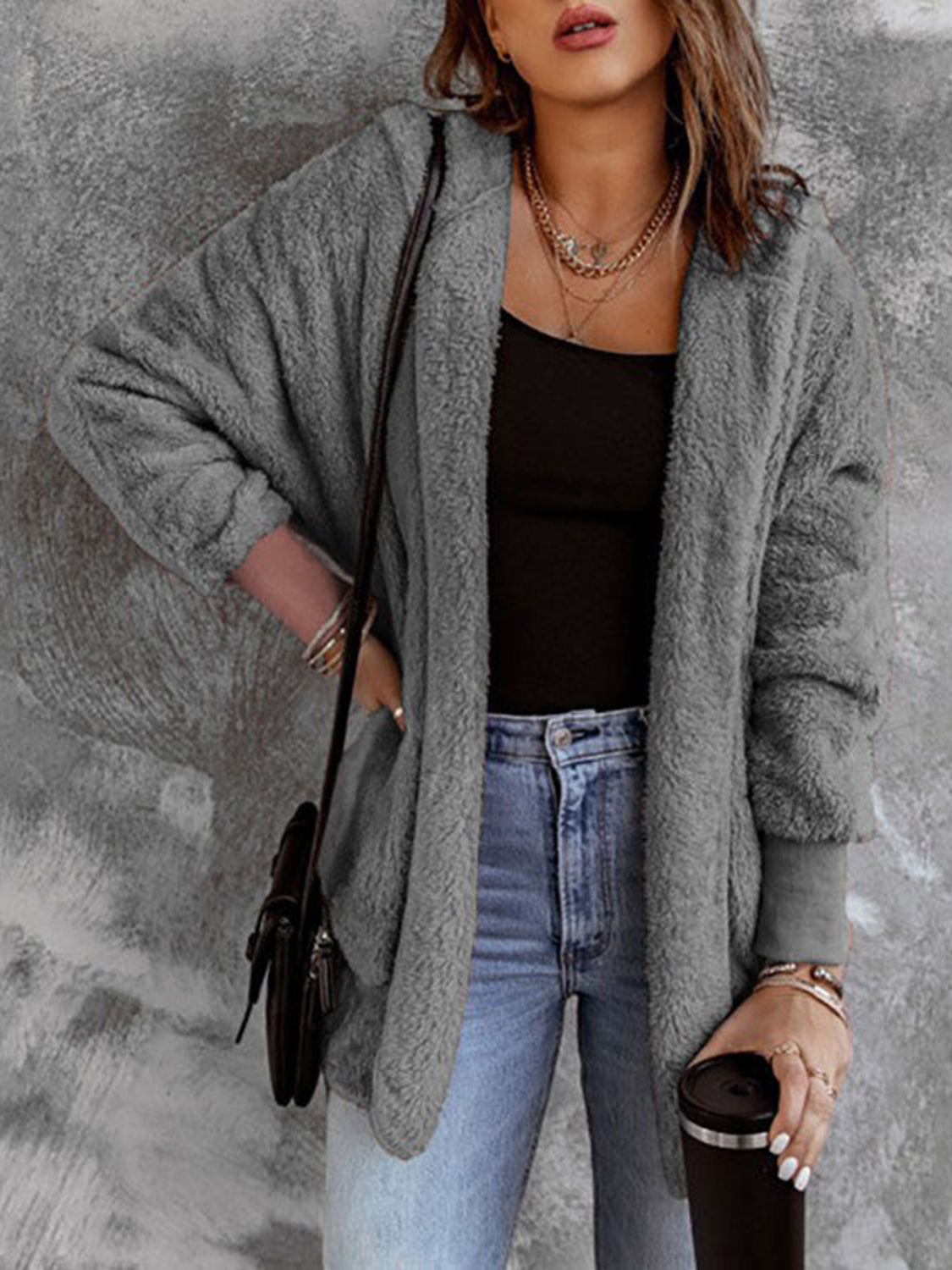 Open Front Hooded Faux Fur Cardigan with Pockets - Sydney So Sweet