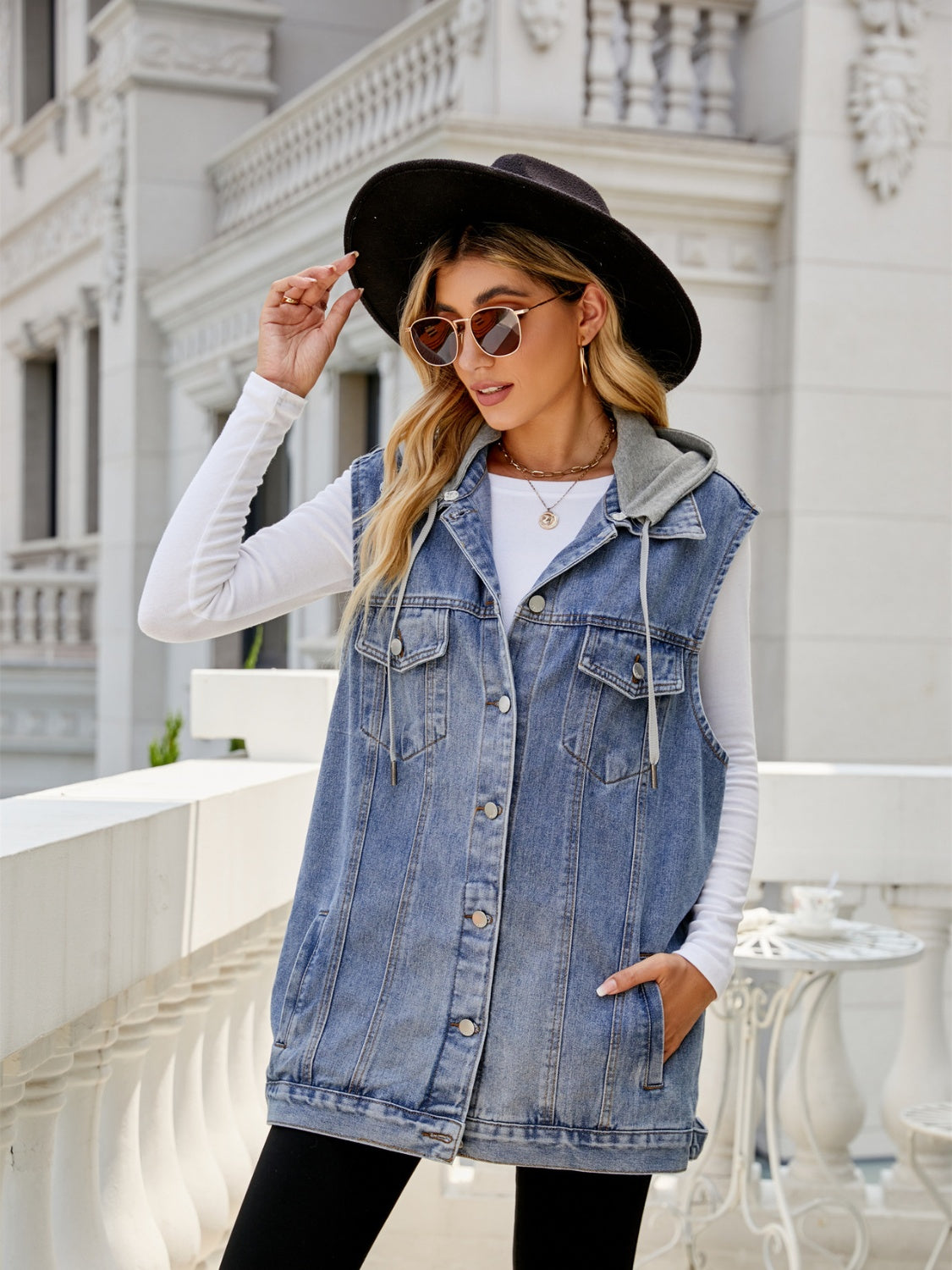 Drawstring Pocketed Button Up Sleeveless Denim Jacket - Sydney So Sweet