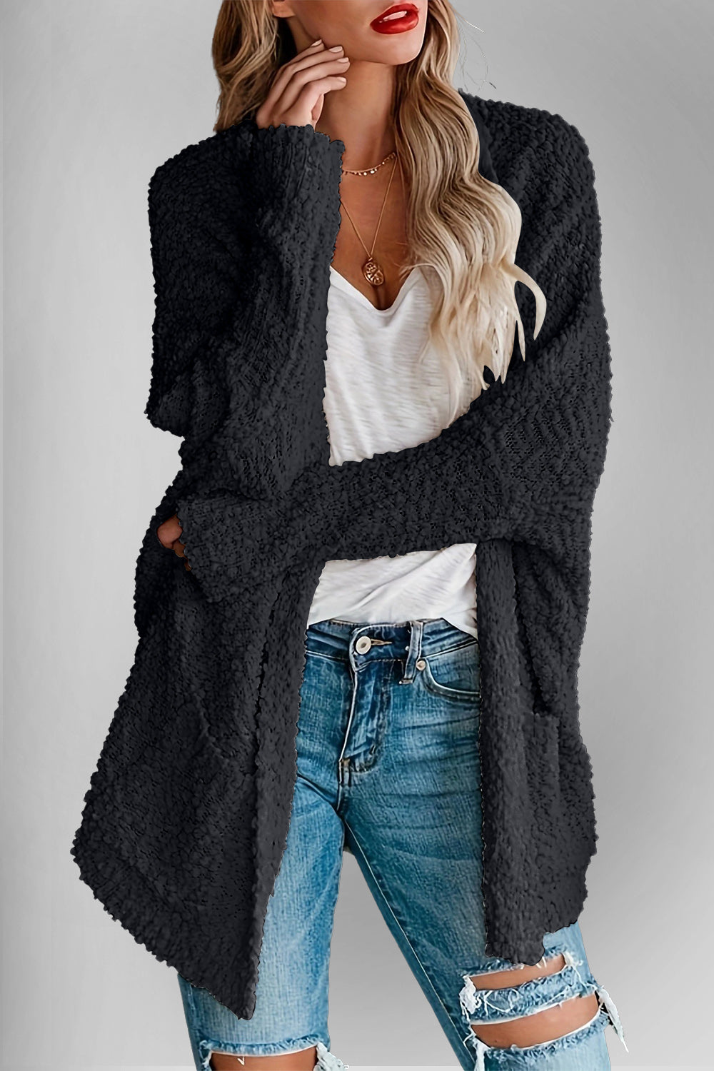 Double Take Pocketed Open Front Long Sleeve Cardigan Sweater - Sydney So Sweet