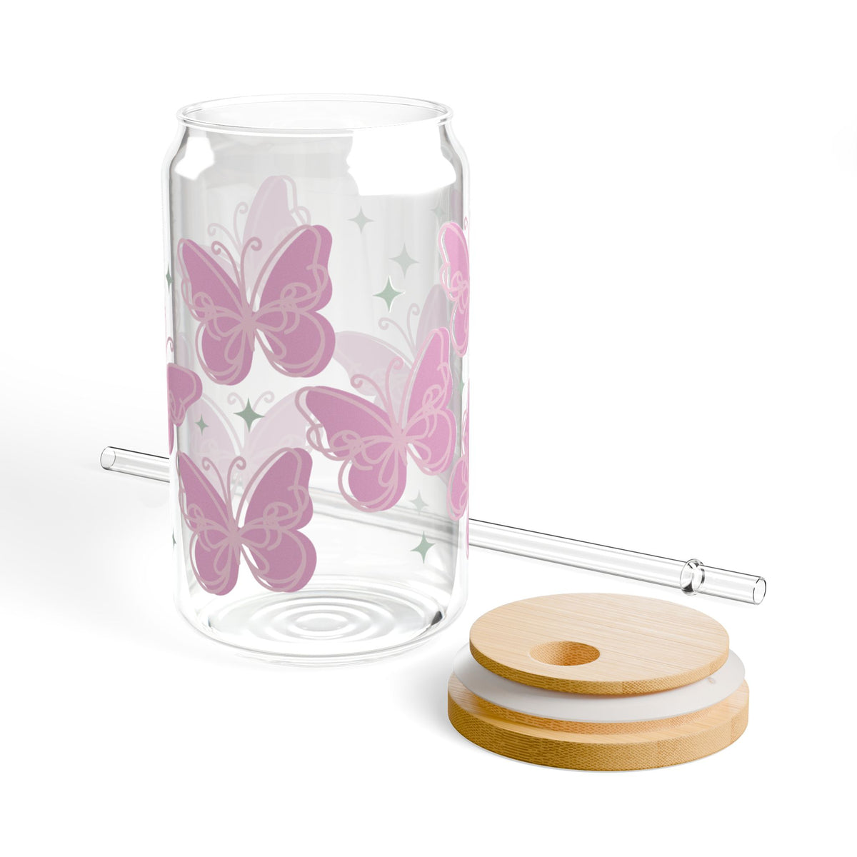 Flutter Pink Butterfly Tumbler Sipper Glass 16oz — Reusable Drink Jar with Lid & Straw