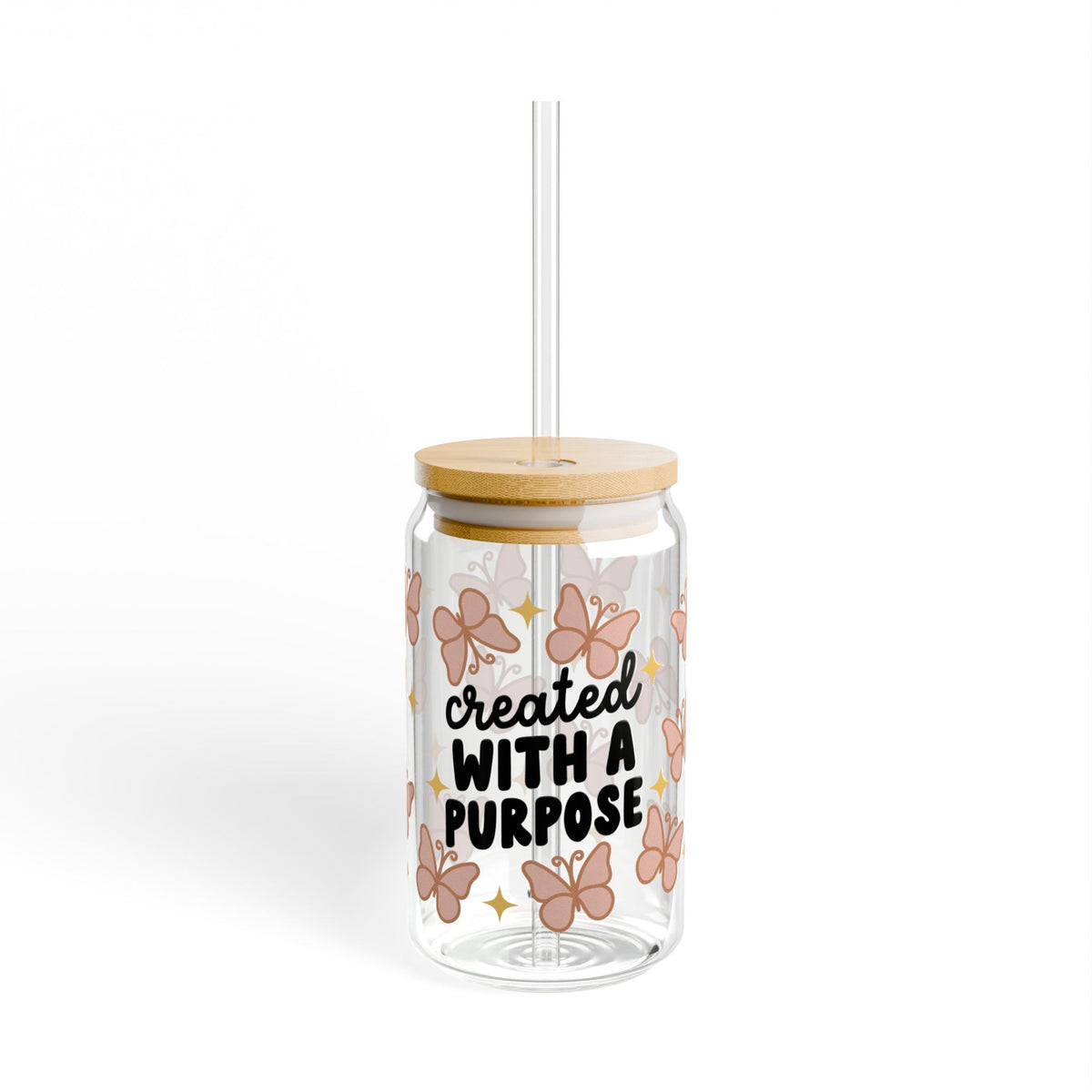 Created With A Purpose Tumbler Sipper Glass 16oz — Reusable Drink Jar with Lid & Straw