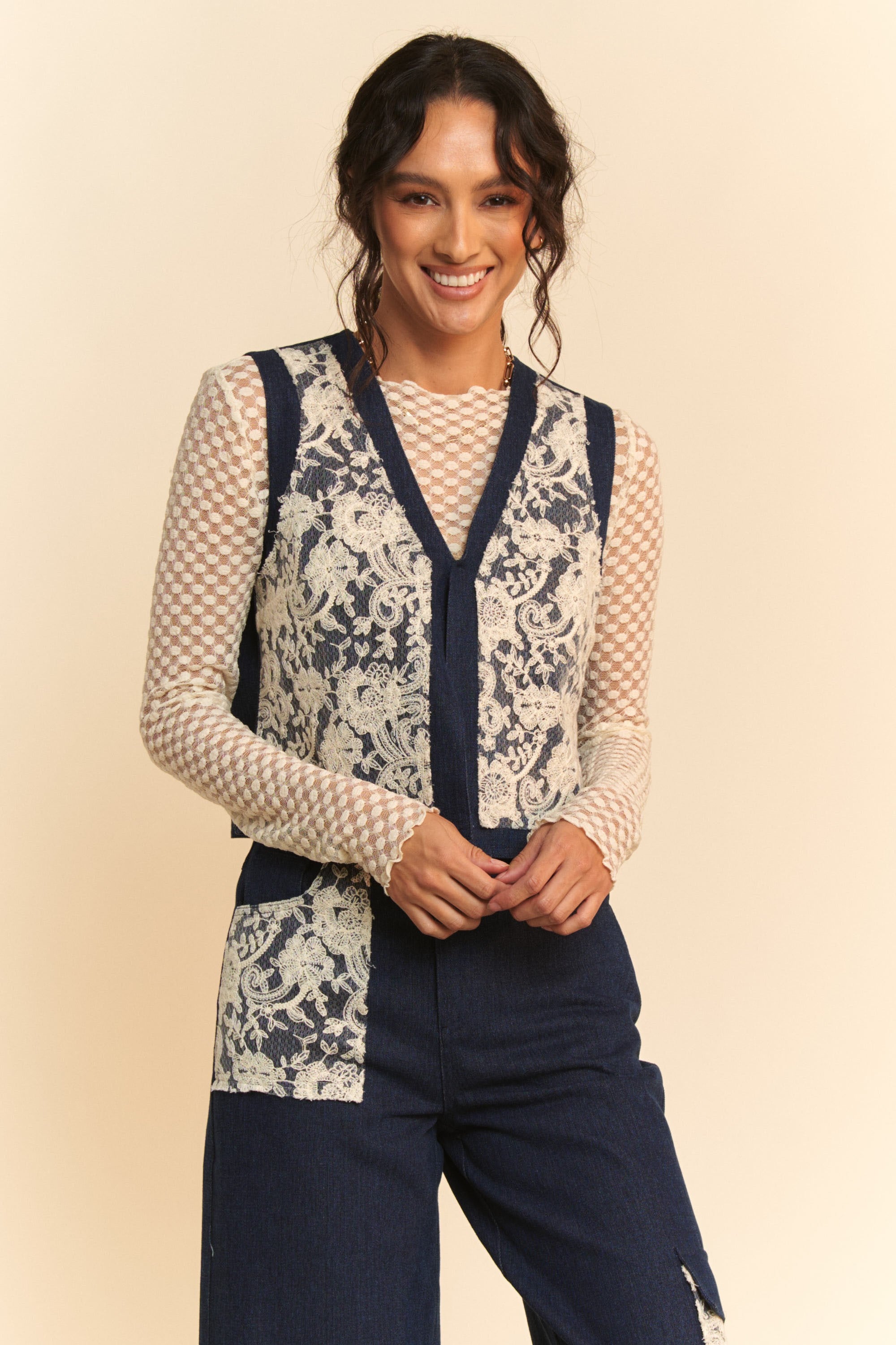 Davi & Dani Lace Patch Open Front Denim Vest - Sydney So Sweet