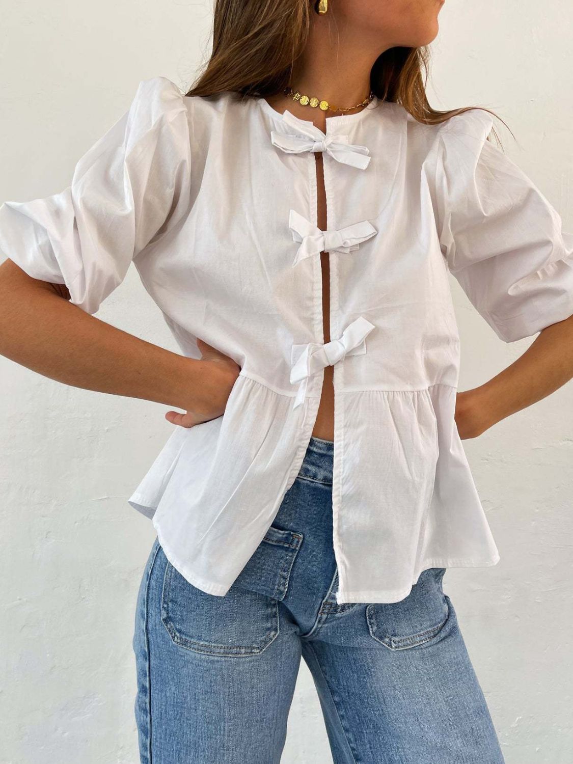 Tied Round Neck Balloon Sleeve Shirt - Sydney So Sweet