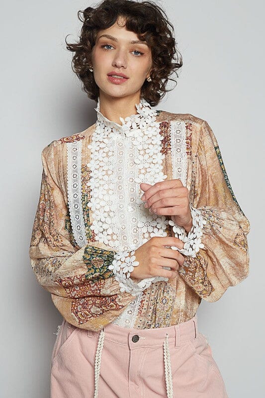 POL Lace Detail Printed Button Down Shirt - Sydney So Sweet