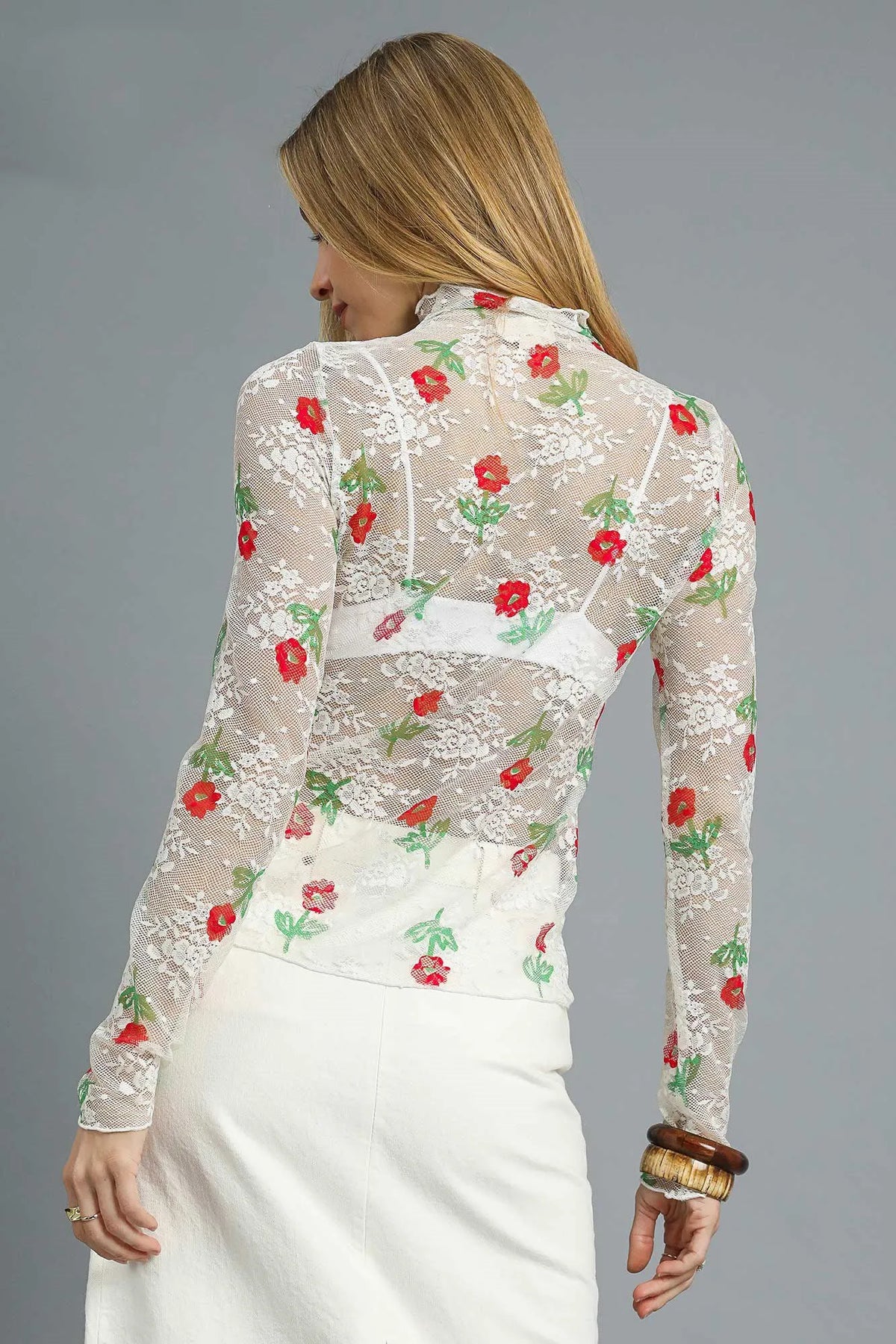 Umgee Floral Mock Neck Long Sleeve Sheer Top - Sydney So Sweet