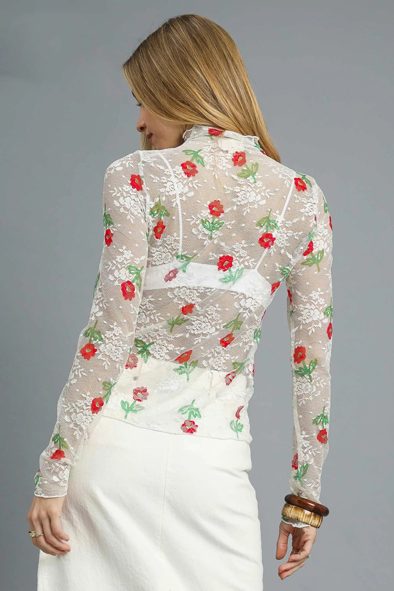 Umgee Floral Mock Neck Long Sleeve Sheer Top - Sydney So Sweet