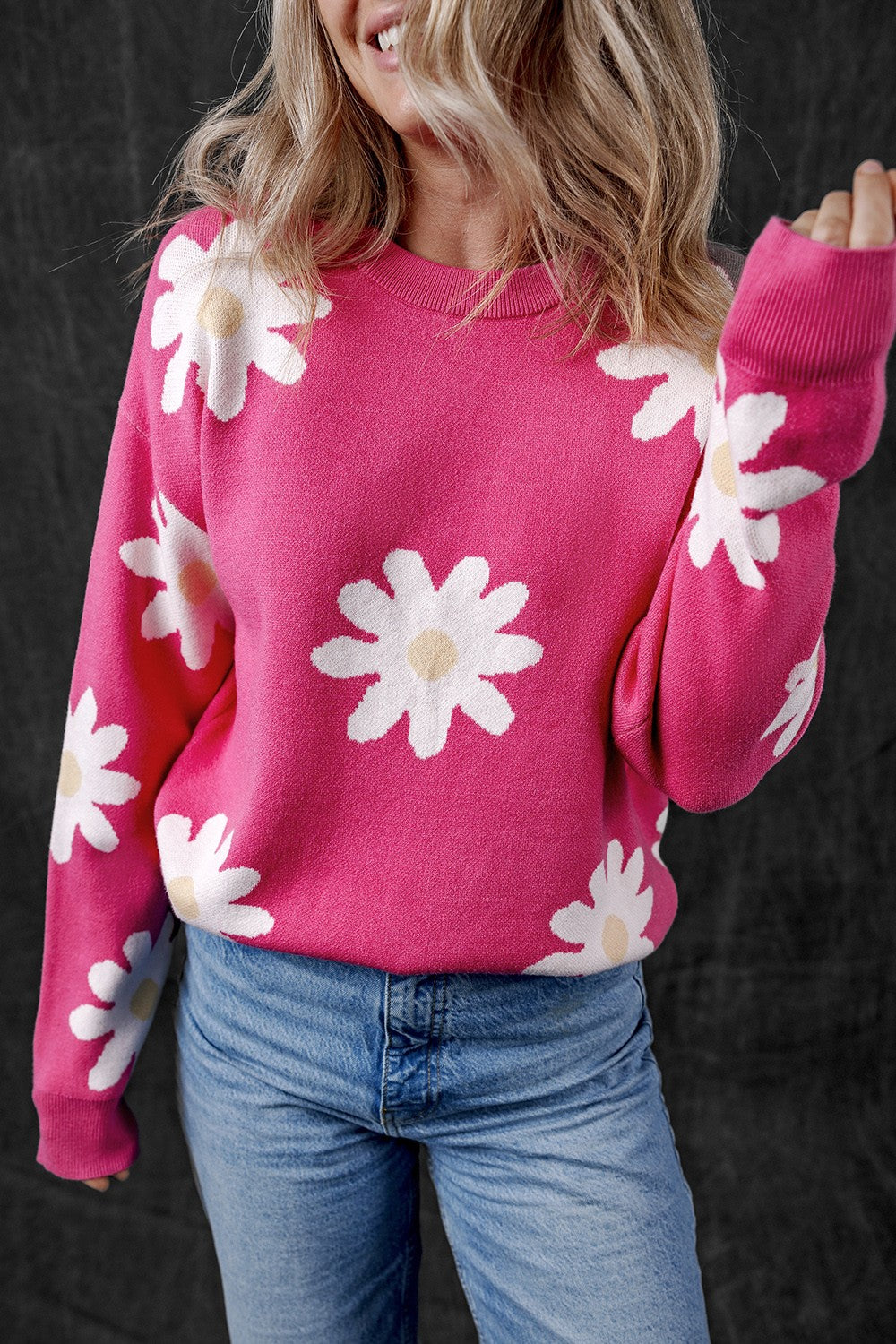 Daisy Round Neck Dropped Shoulder Sweater - Sydney So Sweet