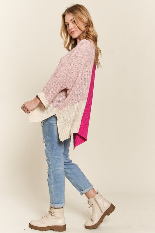 ADORA Side Slit Color Block Long Sleeve Sweater - Sydney So Sweet