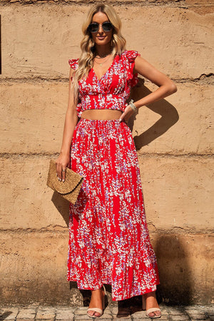 Printed Tie Back Cropped Top and Maxi Skirt Set - Sydney So Sweet