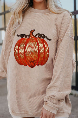 Sequin Pumpkin Round Neck Long Sleeve Sweatshirt - Sydney So Sweet