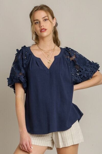 Umgee Full Size French Terry Boxy Cut Top with 3D Floral Sleeve Plus Size - Sydney So Sweet