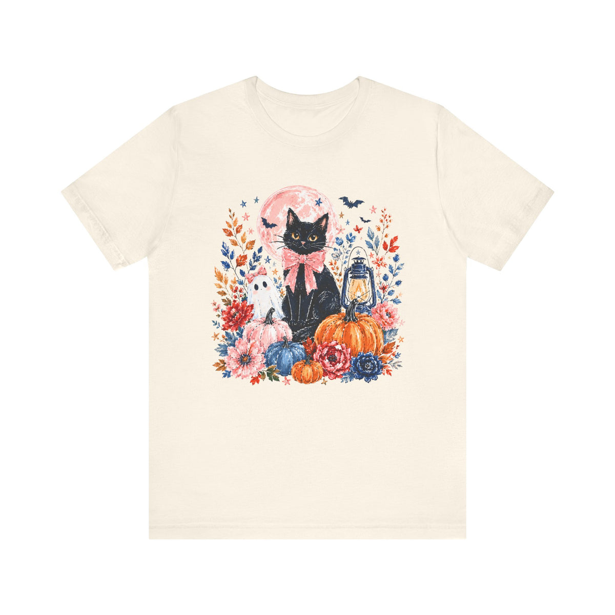Girly Black Cat Halloween T-Shirt Cute Pumpkin & Lantern Fall Graphic Tee