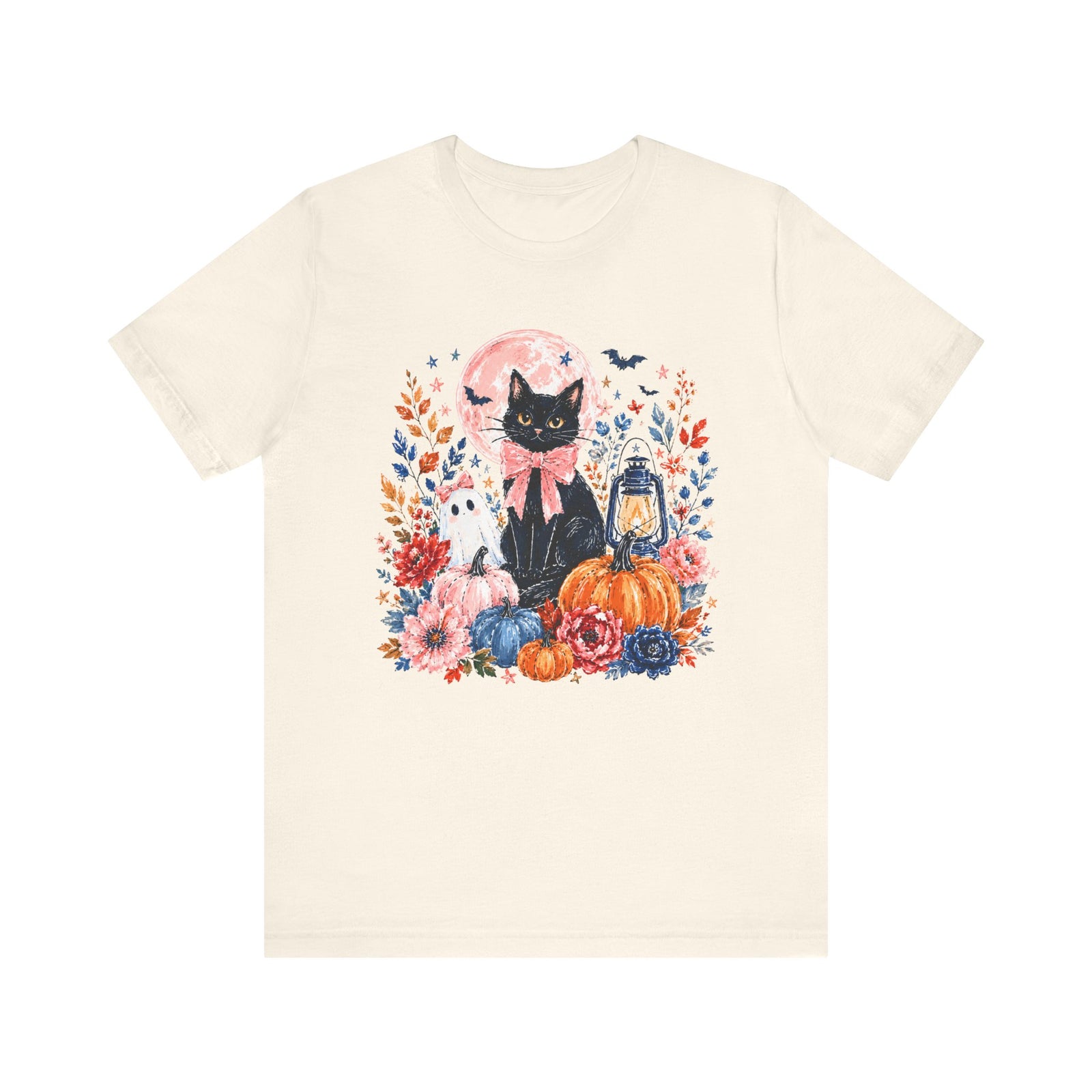 Girly Black Cat Halloween T-Shirt Cute Pumpkin & Lantern Fall Graphic Tee