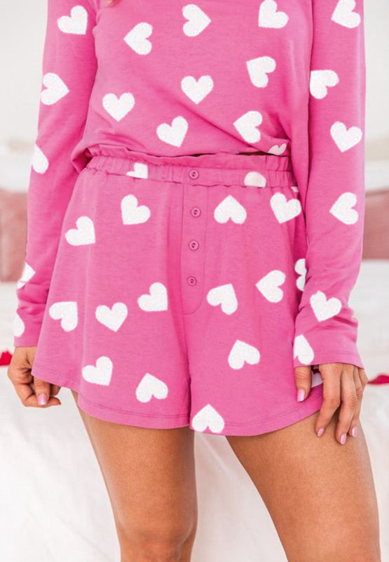 Heart Round Neck Long Sleeve Top and Elastic Waist Shorts Set - Sydney So Sweet