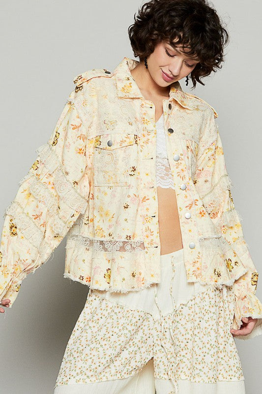 POL Raw Hem Lace Patch Flounce Sleeve Jacket - Sydney So Sweet