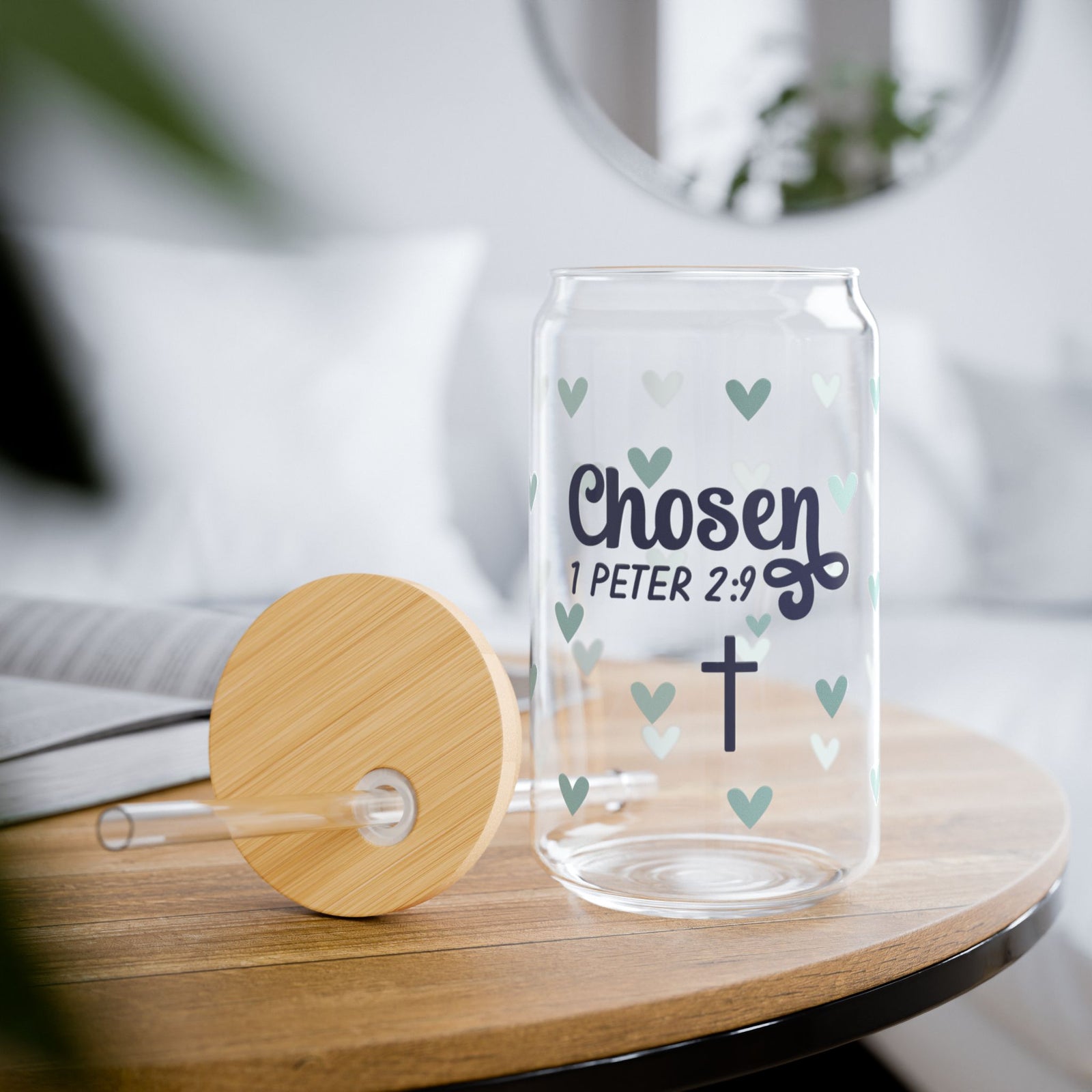 Chosen 1 Peter 2:9 Heart Sipper Glass 16oz — Reusable Drink Jar with Lid & Straw