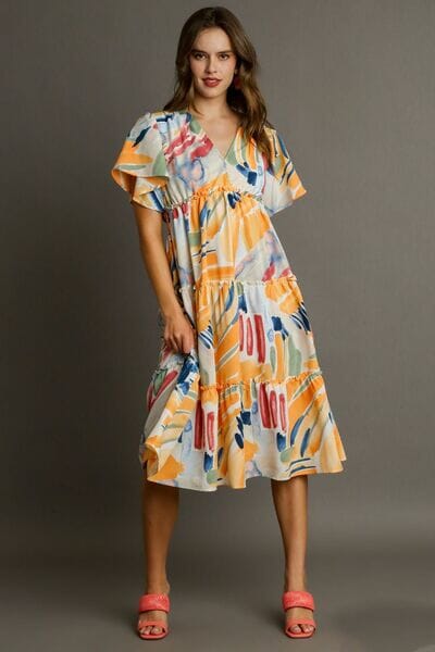 Umgee Full Size Abstract Print Flutter Sleeve Frill Tiered Midi Dress Plus Size - Sydney So Sweet
