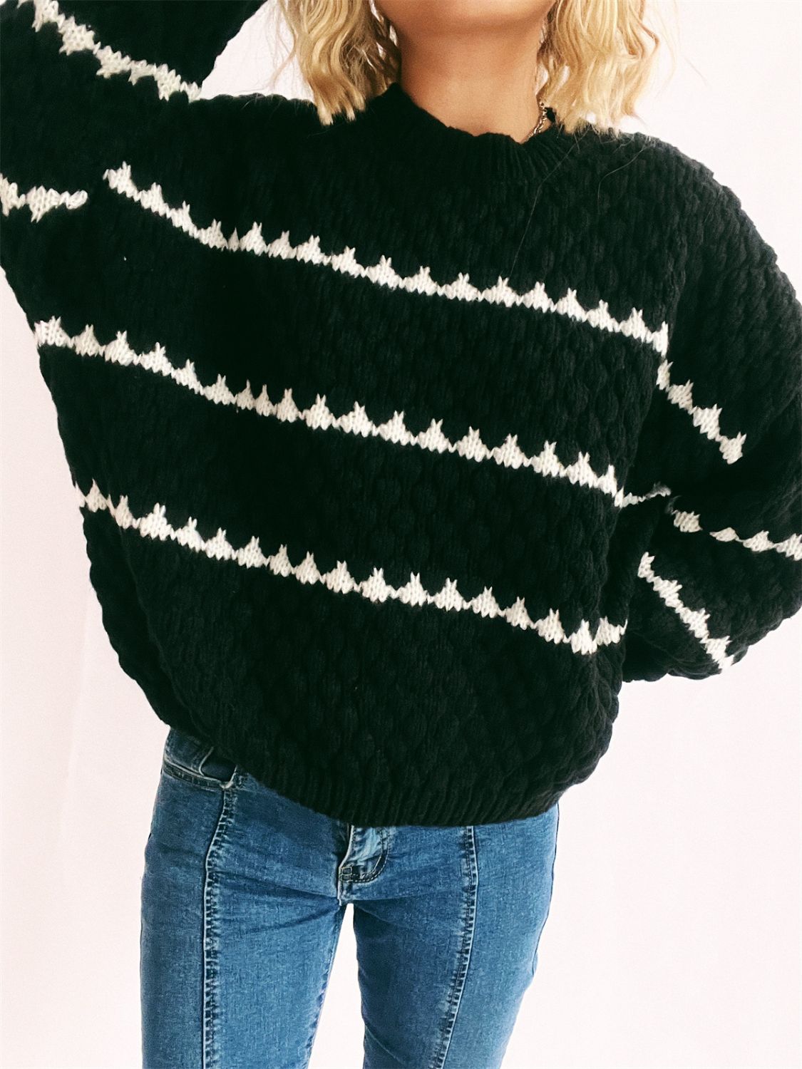 Contrast Stripes Round Neck Long Sleeve Sweater - Sydney So Sweet