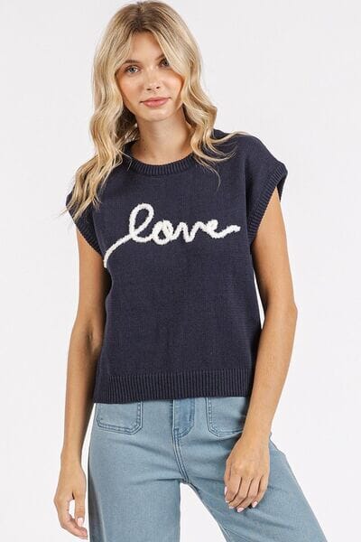 Mittoshop Contrast Letter Round Neck Cap Sleeve Knit Top - Sydney So Sweet