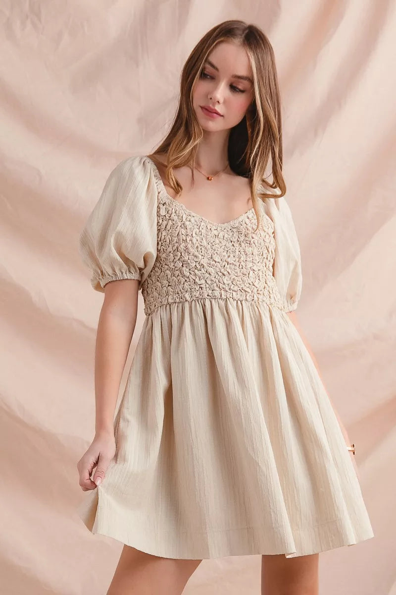 SO ME Textured Woven Daily Dress with Puff Sleeves - Sydney So Sweet