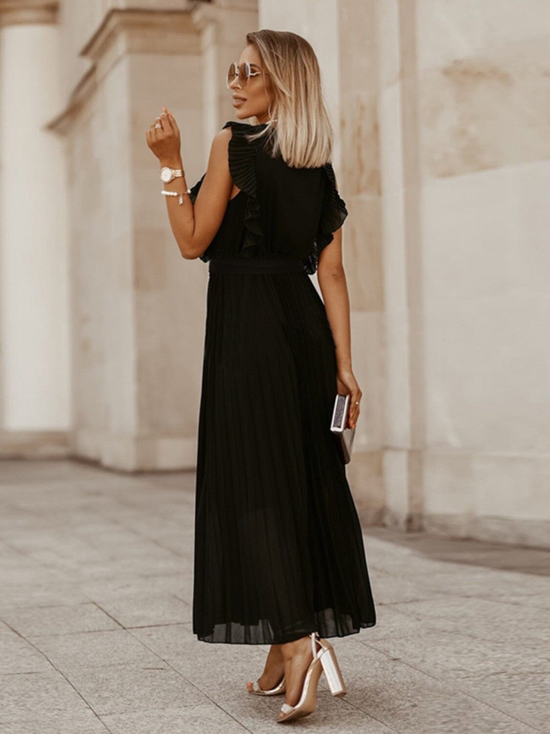 Tied Surplice Cap Sleeve Pleated Dress - Sydney So Sweet