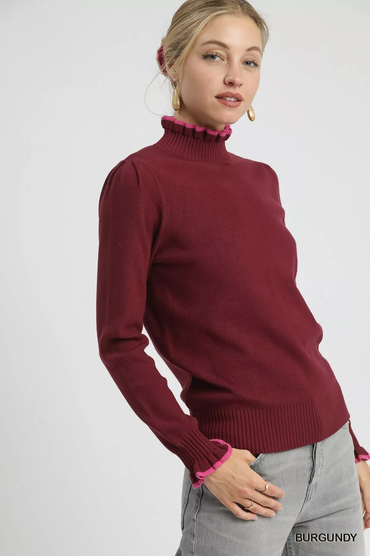 Umgee Ribbed Round Neck Sweater with Ruffle Contrast Trim - Sydney So Sweet