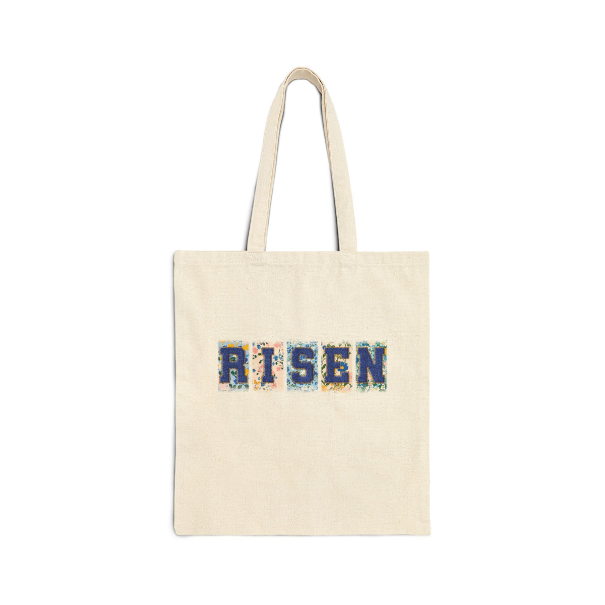 Risen Floral Faux Patch Easter Christian Cotton Canvas Tote Bag