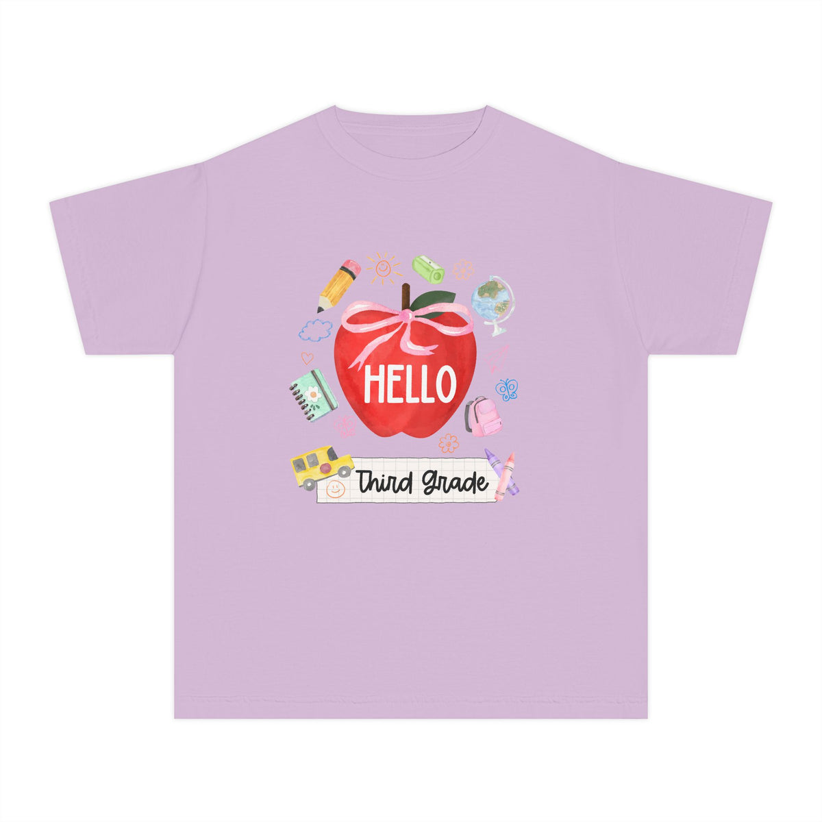 Hello Third Grade Preppy Coquette Apple Graphic Tee Back to School 3rd Grade T-Shirt