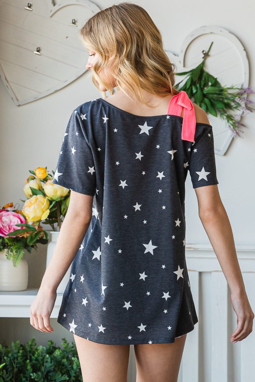 Star Print Asymmetrical Neck Short Sleeve Top - Sydney So Sweet