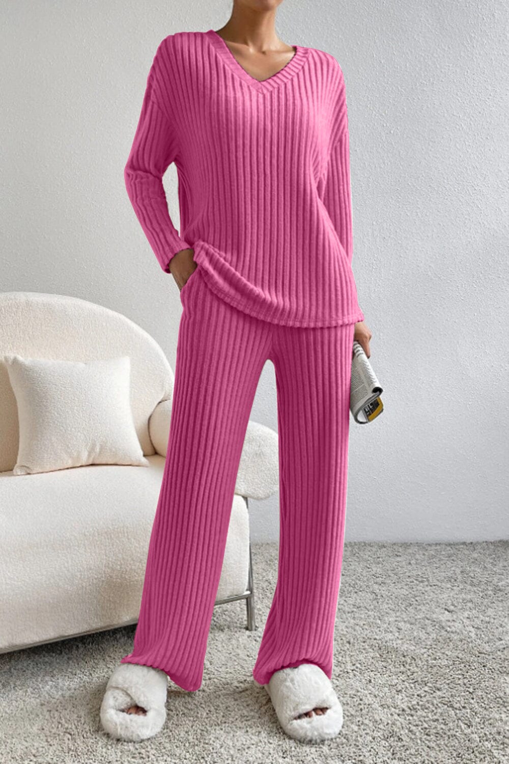 Ribbed V-Neck Top and Pants Set - Sydney So Sweet