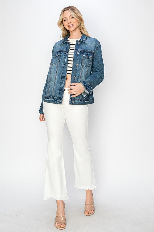 RISEN Full Size Distressed Button Up Jacket - Sydney So Sweet