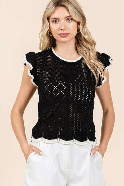 Mittoshop Openwork Contrast Trim Ruffled Cap Sleeve Knit Top - Sydney So Sweet