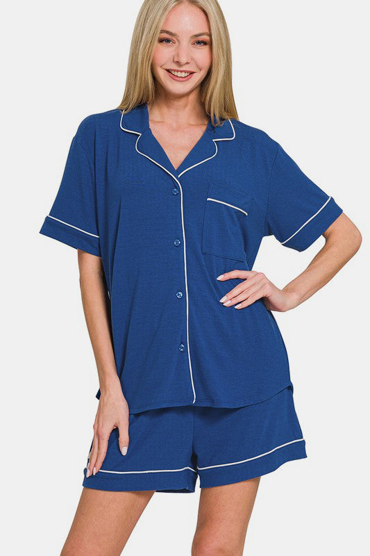 Zenana Button Down Short Sleeve Top and Shorts Lounge Set - Sydney So Sweet