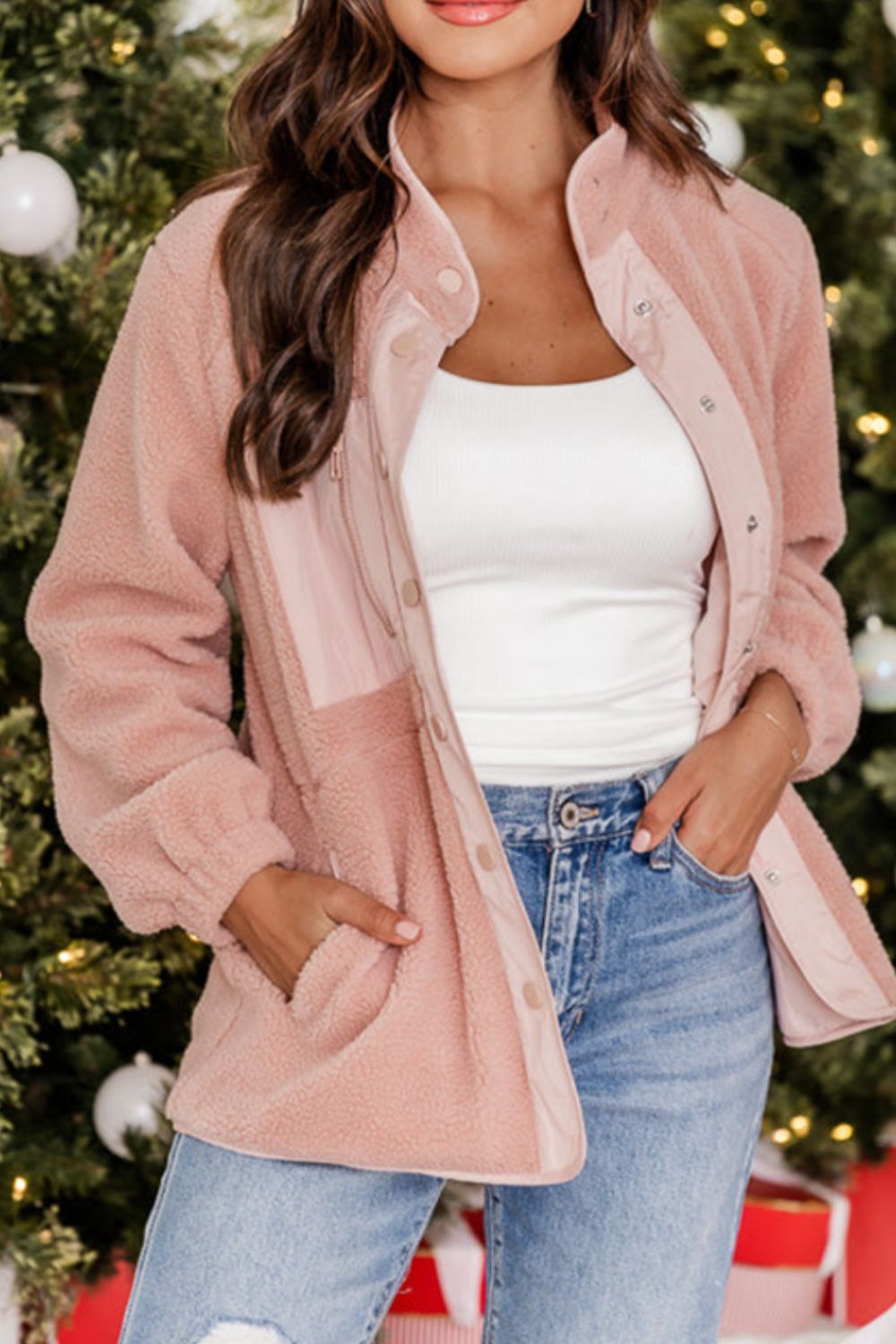 Snap Down Long Sleeve Sherpa Jacket - Sydney So Sweet