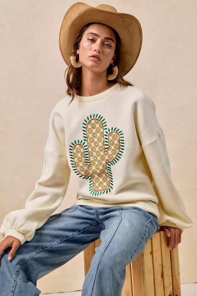 BiBi Cactus Embroidered Fleece Sweatshirt - Sydney So Sweet