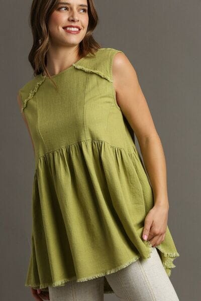 Umgee Full Size Raw Hem Linen Round Neck Sleeveless Top Plus Size - Sydney So Sweet