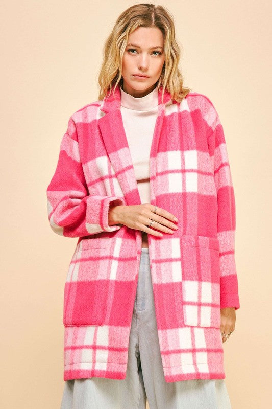 Davi &amp; Dani Plaid Open Front Drop Shoulder Longline Coat - Sydney So Sweet