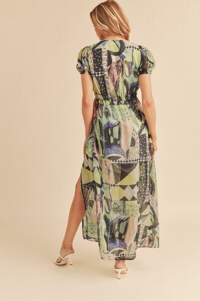 Aemi + Co Lace Detail Slit Geometric Print Short Sleeve Maxi Dress - Sydney So Sweet