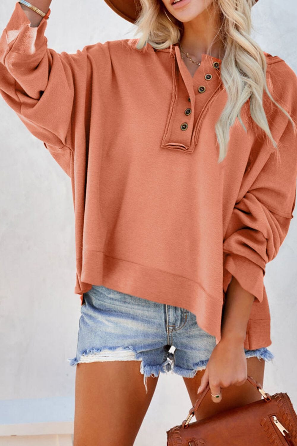 Quarter-Button Exposed Seam Dropped Shoulder Hoodie - Sydney So Sweet