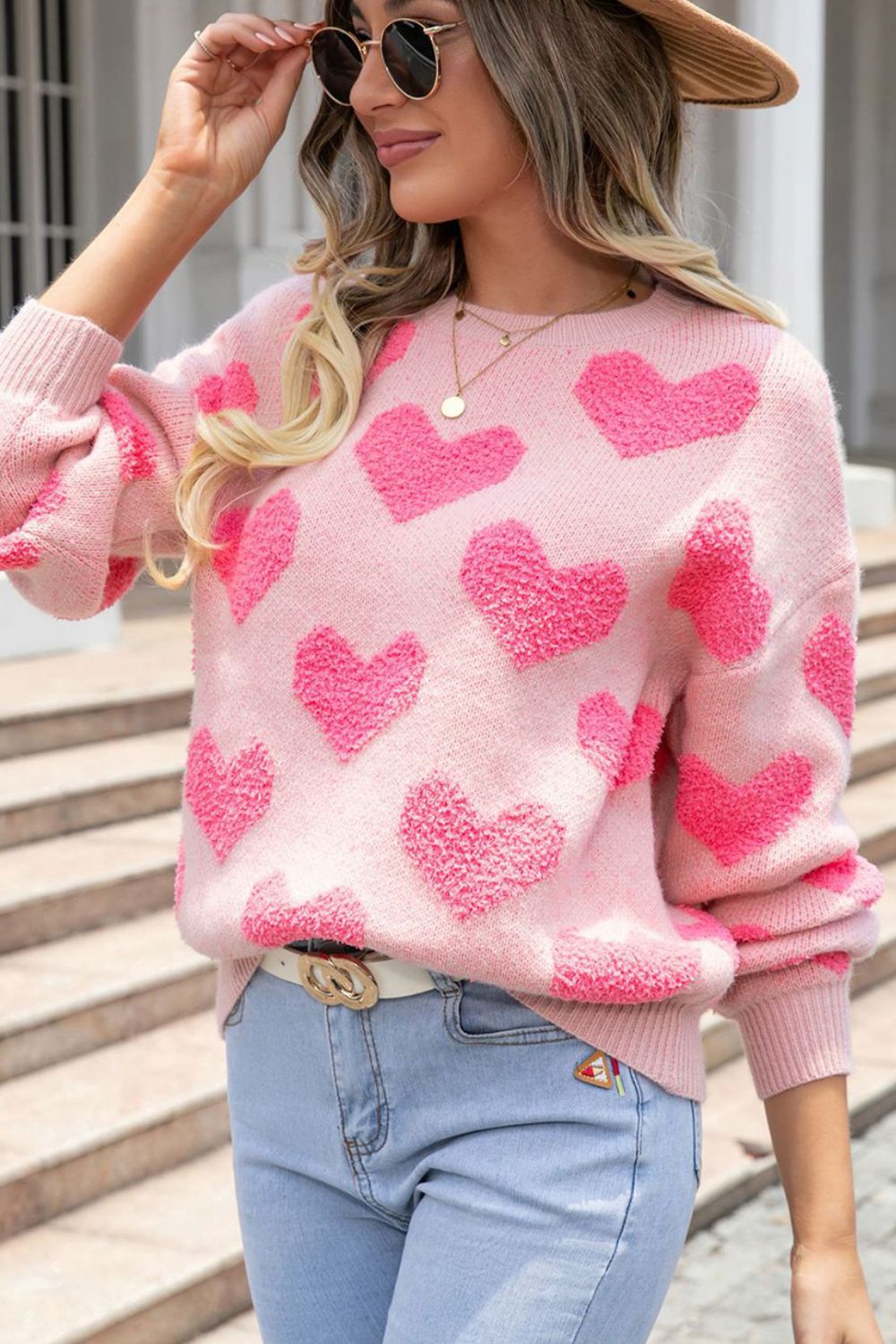 Valentine&#39;s Day Heart Jacquard Round Neck Sweater - Sydney So Sweet