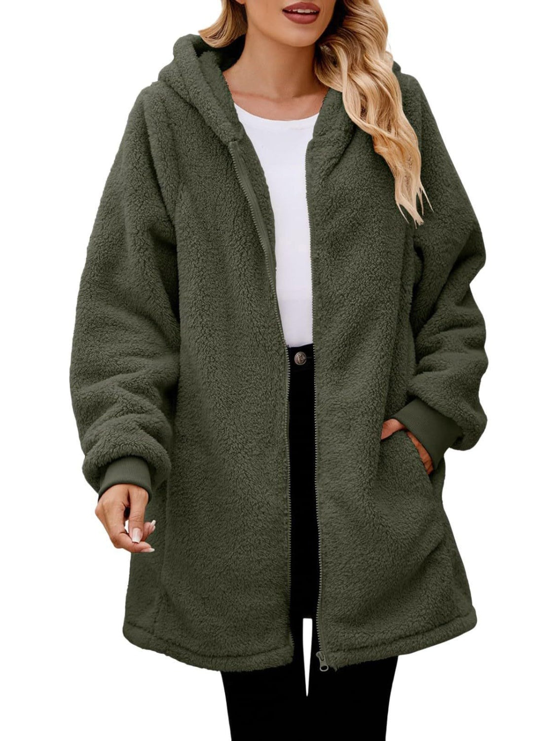 Fuzzy Pocketed Zip Up Long Sleeve Hooded Jacket - Sydney So Sweet