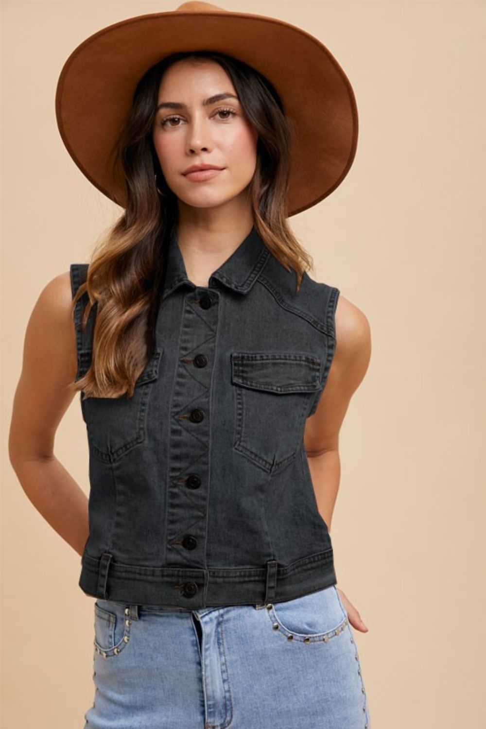 Annie Wear Collared Neck Button Down Denim Vest - Sydney So Sweet