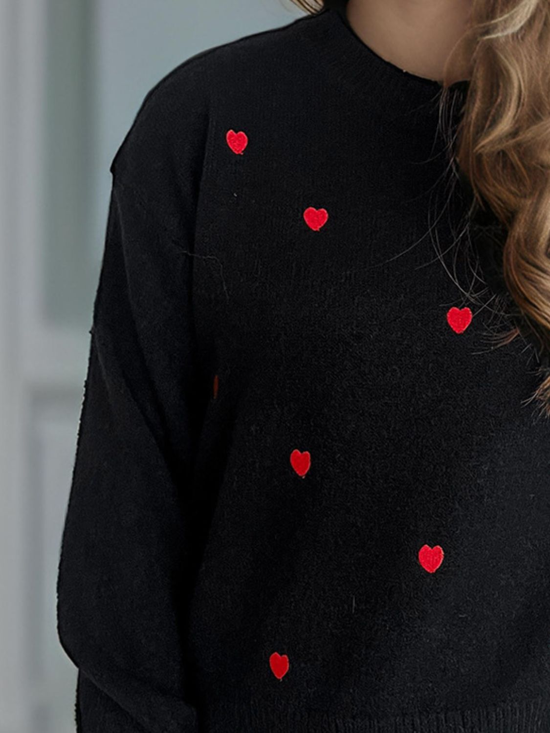 Heart Round Neck Long Sleeve Sweater - Sydney So Sweet