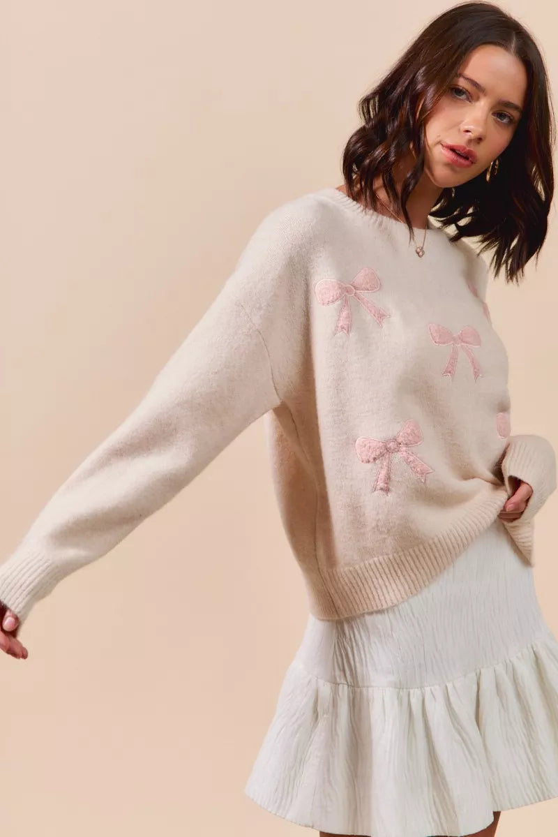 SO ME Embroidered Ribbon Round Neck Sweater - Sydney So Sweet