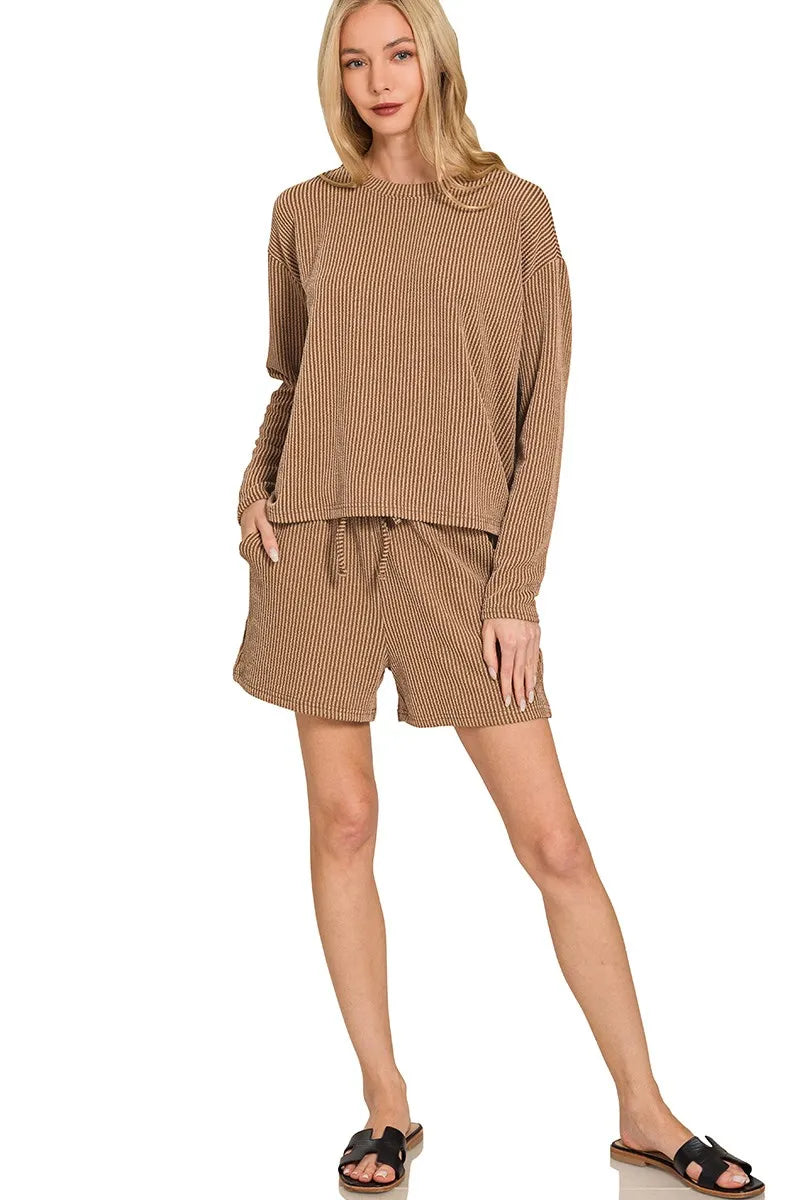 Zenana Corded Rib Long Sleeve Tee and Shorts Set - Sydney So Sweet