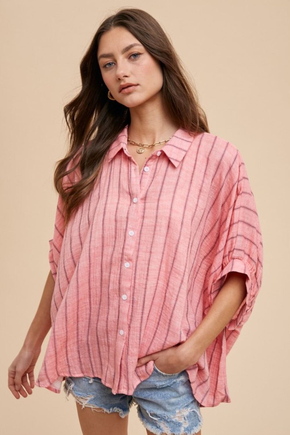 Annie Wear Striped Button Up Half Sleeve Shirt - Sydney So Sweet
