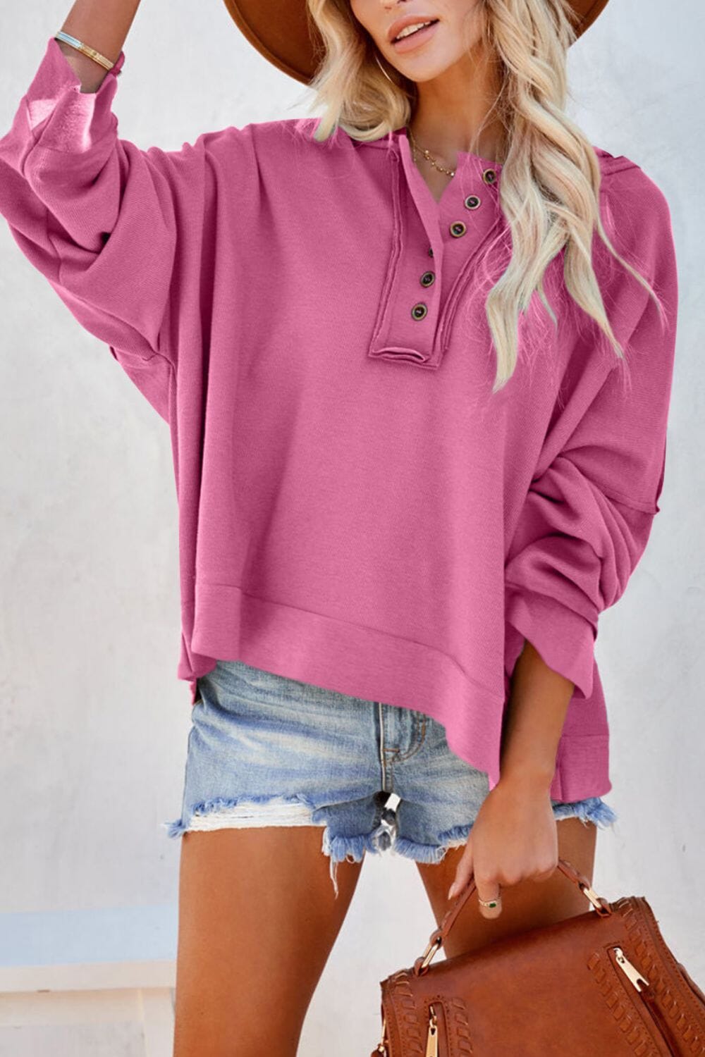 Quarter-Button Exposed Seam Dropped Shoulder Hoodie - Sydney So Sweet