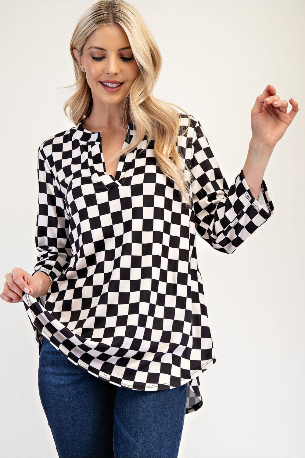 Celeste Full Size Curved Hem Checkered Notched Blouse - Sydney So Sweet