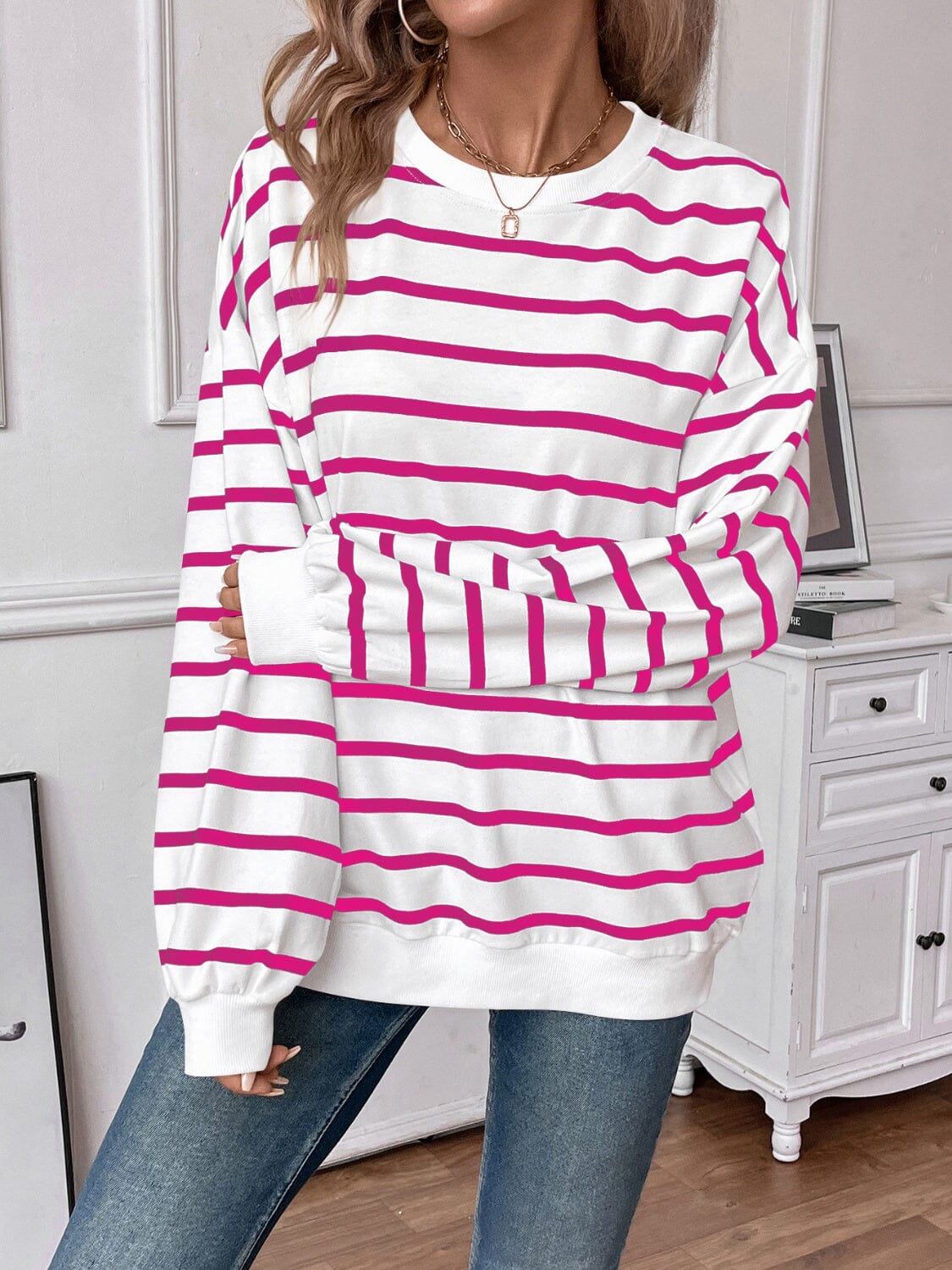 Striped Round Neck Long Sleeve Sweatshirt - Sydney So Sweet