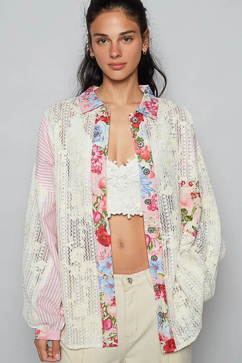 POL Lace Long Sleeve Shirt with Floral and Striped Pattern - Sydney So Sweet